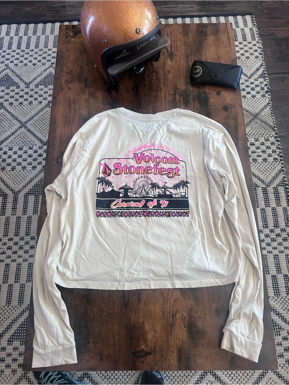Volcom White Long Sleeve Tee with Pink and Black Print